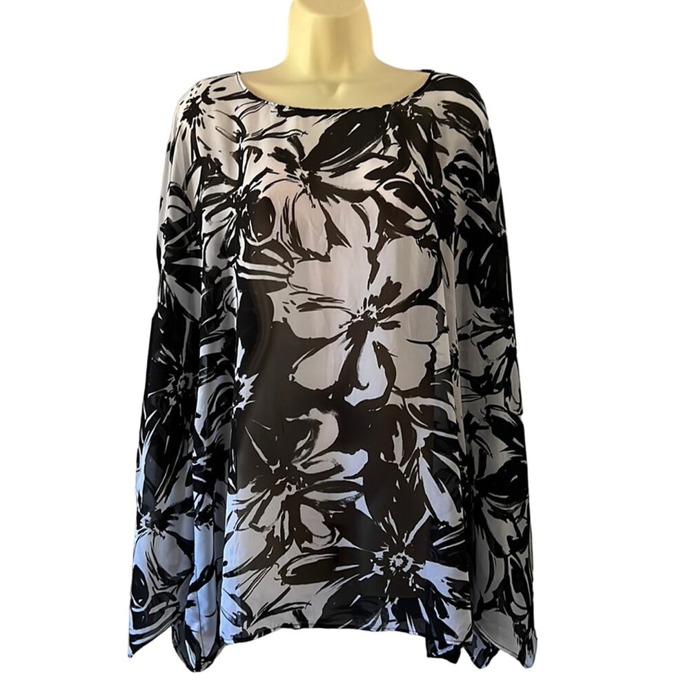 Chico’s 2 Black & White Print Chiffon Batwing Blouse Sheer Tunic
